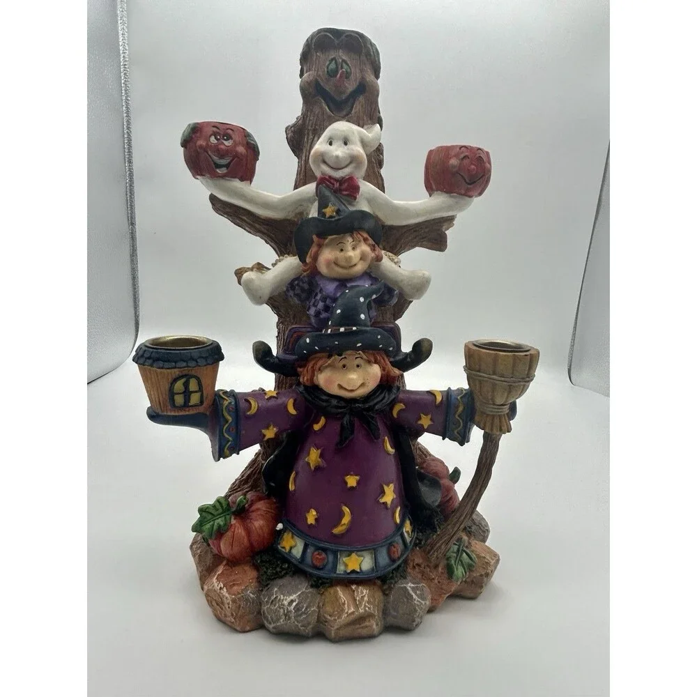 Halloween Candelabra 5 Candle Holders Witch Ghost Tree Jack-o-lanterns Broom